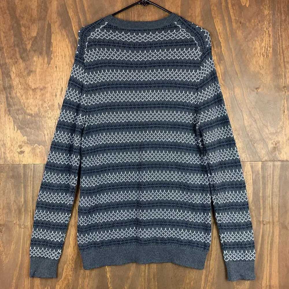 Banana Republic Mens Sweater Gray Blue Crewneck Fair Isle Wool Blend Pullover M